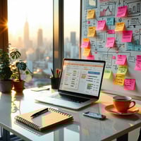  AI search visibility and semantic keyword strategy on a white board with sticky notes.