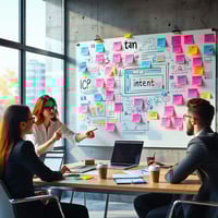Group of professionals brainstorming around a whiteboard covered in sticky notes, with a central note labeled ‘Intent'