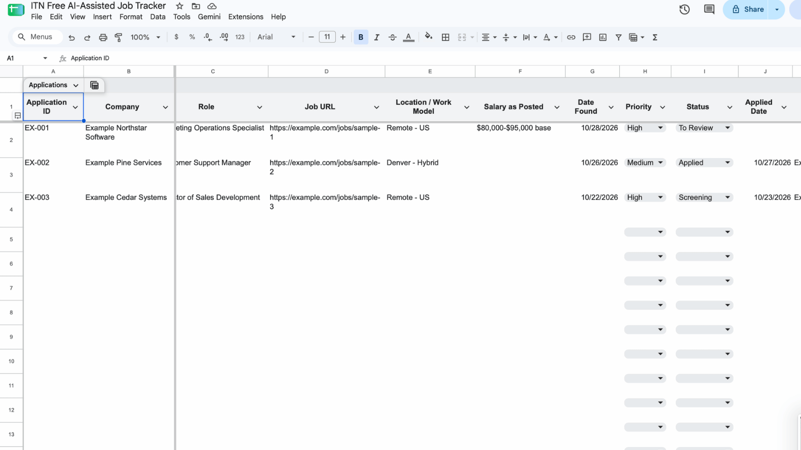 Preview of the ITN Google Sheets job application tracker with sample applications